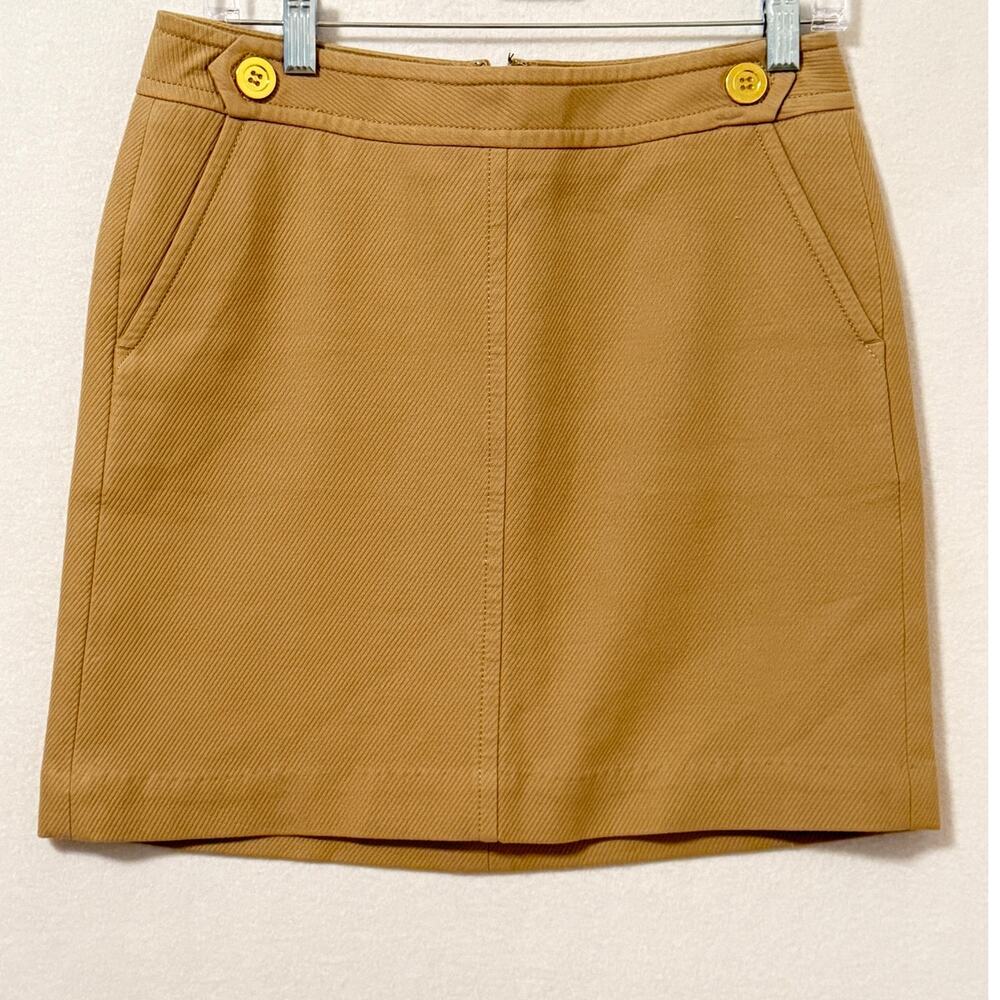 Talbots Ribbed Khaki Beige Pencil Mini Skirt Gold‎ Buttons Sz 6P Office Business
